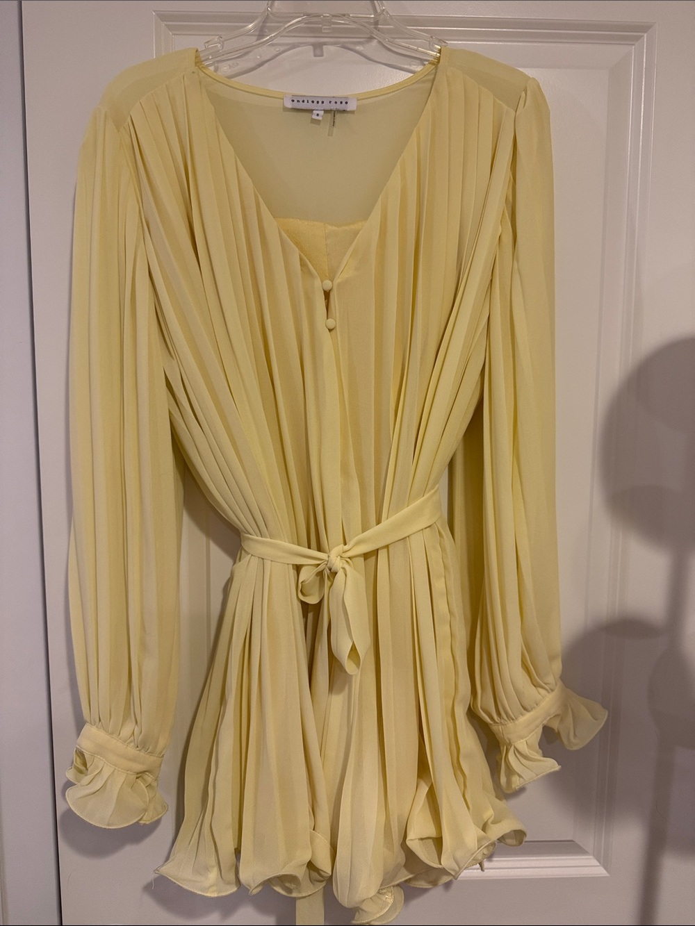 Endless Rose Soft Yellow Pleated Long-Sleeve Tie-Waist Mini Romper